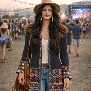 Morghy Art to Wear Boho Cardigan S/M Mongolian Fur Collar Asymmetrical